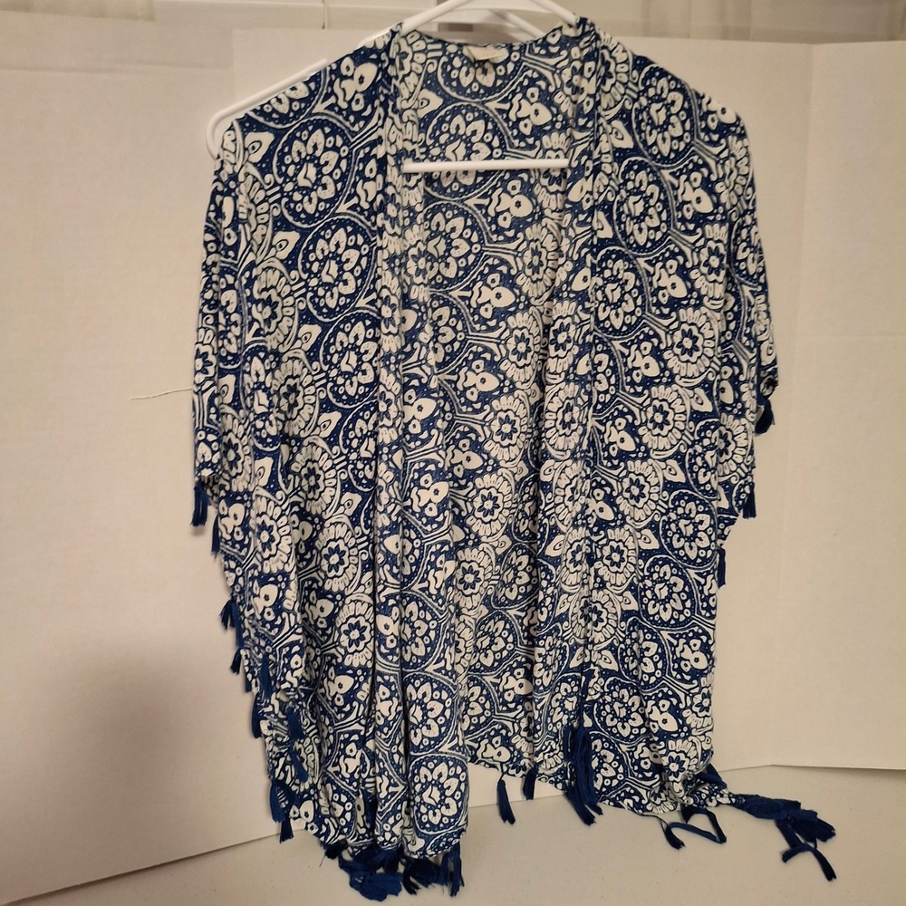 Blue White Floral Tassel Kimono Open Front Lightweight Bohemian One Size